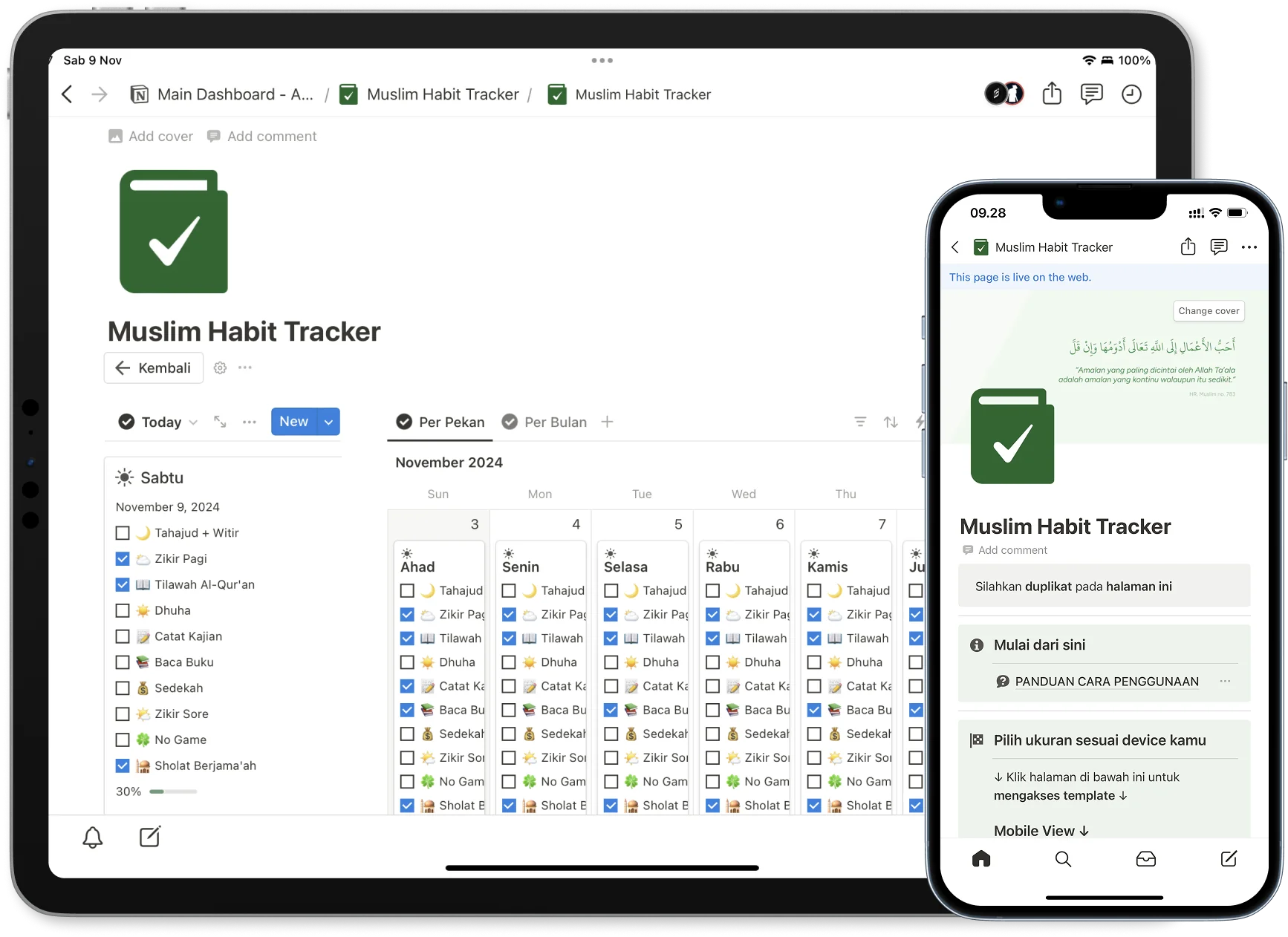 Template Muslim Habit Tracker ditampilkan di iPad dan iPhone