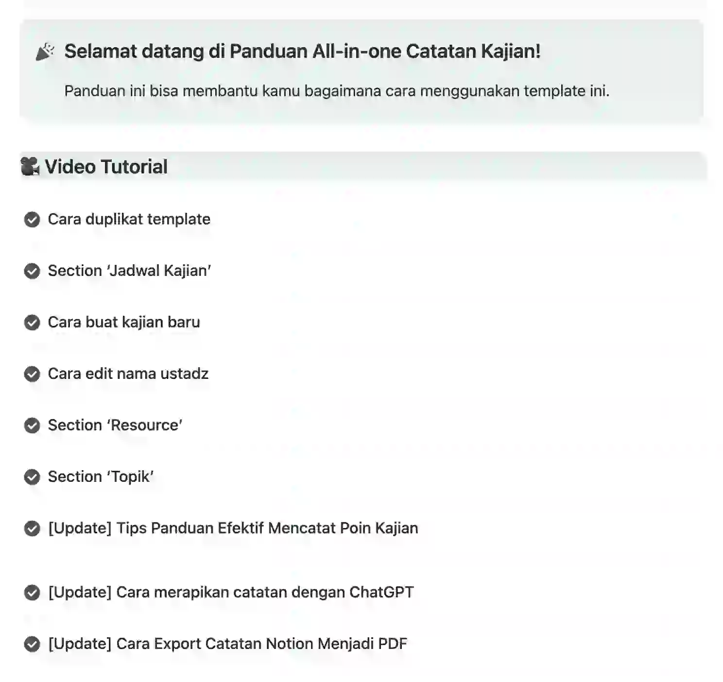 Daftar video tutorial cara penggunaan template All-in-one Catatan Kajian
